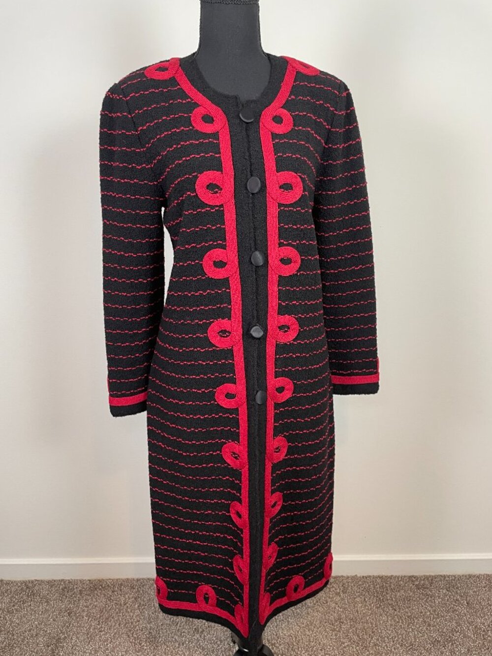 Vintage Adolfo at Saks Fifth Avenue black and red long knit cardigan coat